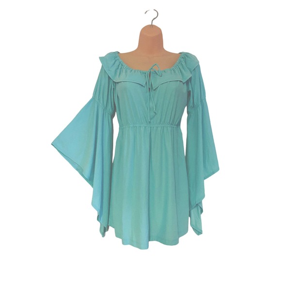 Midnight Velvet Tops - Midnight Velvet Tunic Pool Blue Bell Sleeve Peplum Office Casual Party Guest Top